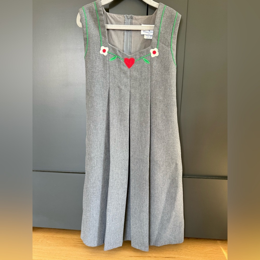Florence Eiseman Gray Pleated Dress with Embroidery Heart and Flower Detail